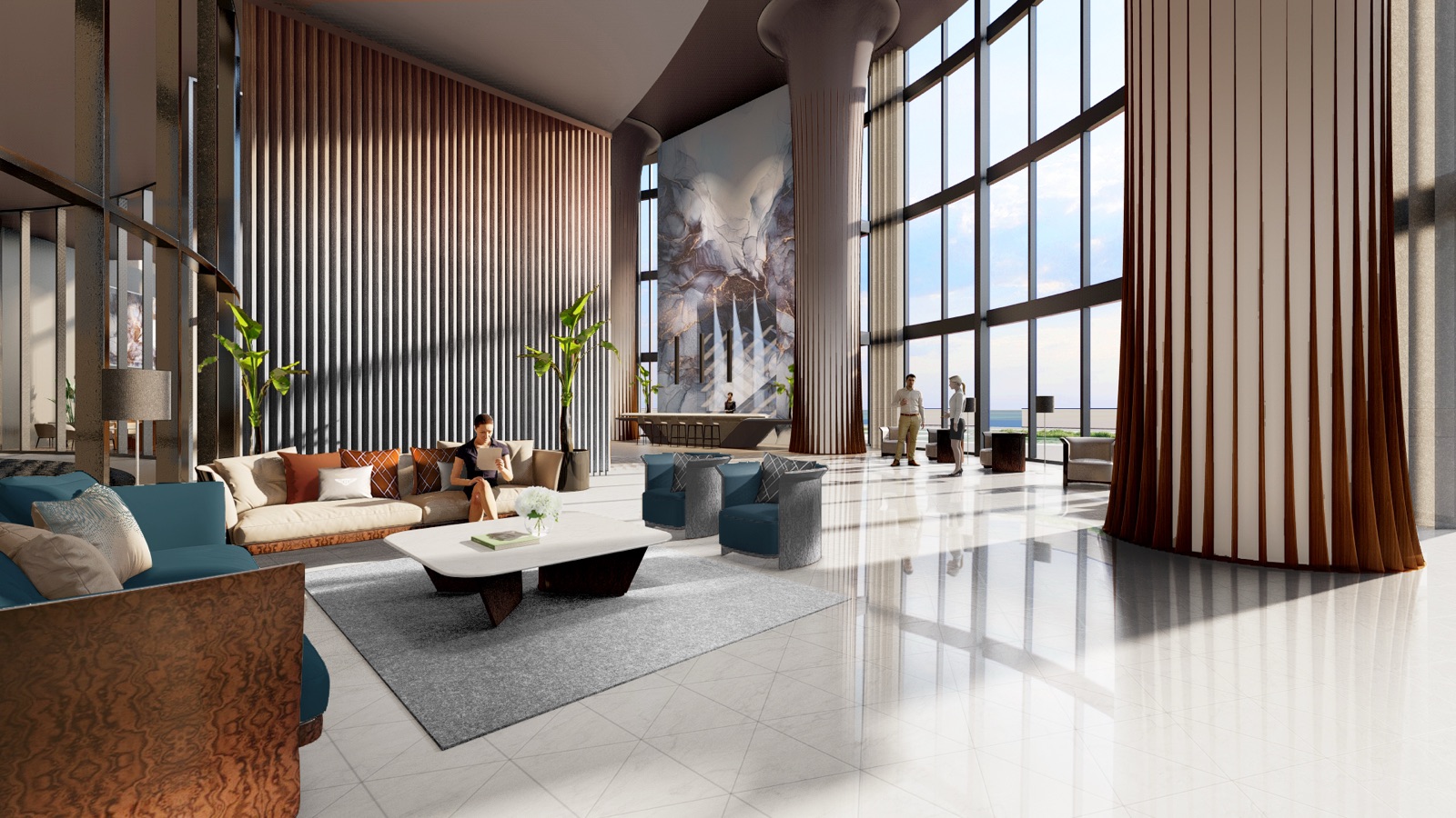 Bentley Residences Miami — three-story lobby with floor-to-ceiling windows opening to the Atlantic.