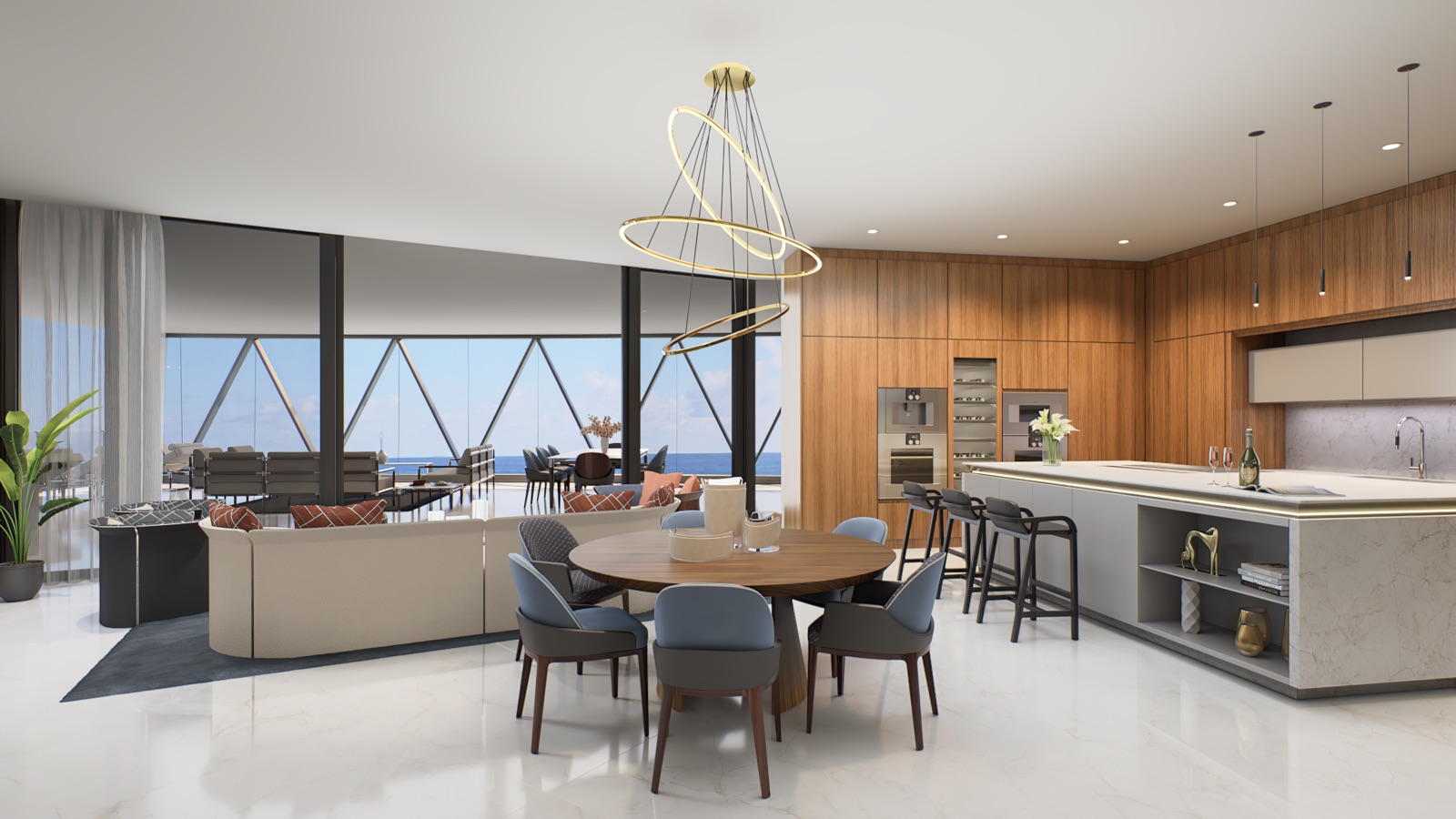 Bentley Residences Miami — Azure Residence kitchen with Italian cabinetry, Gaggenau Vario cooktop, and motorized cabinet doors.