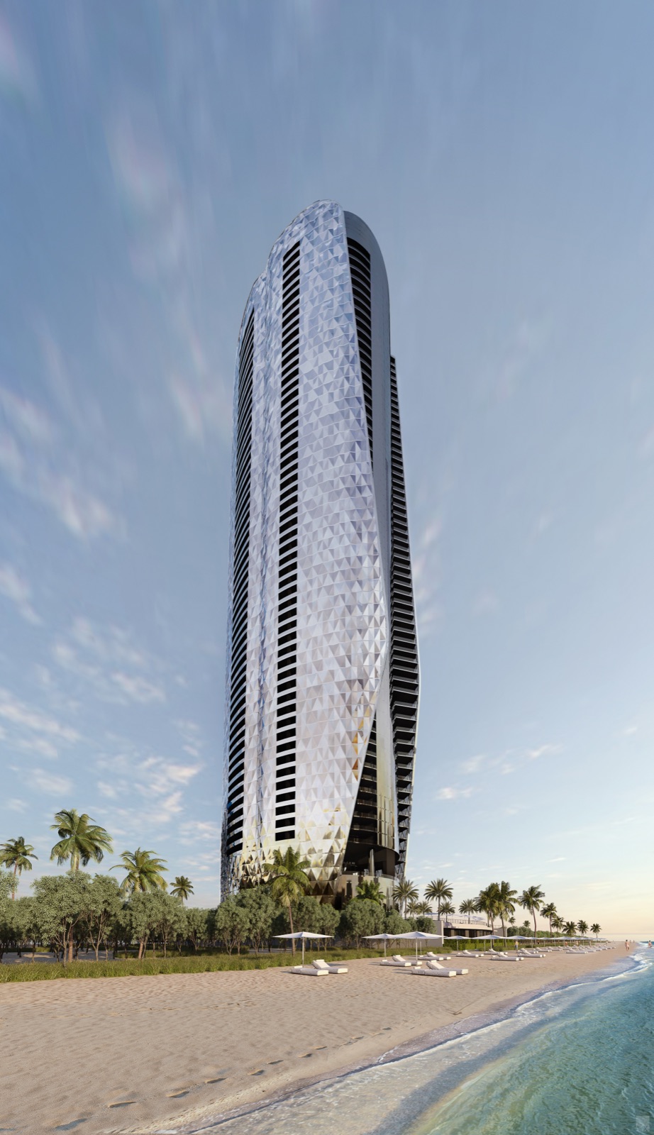 Bentley Residences Miami — beach view of the oceanfront tower along 200 feet of Sunny Isles shoreline.