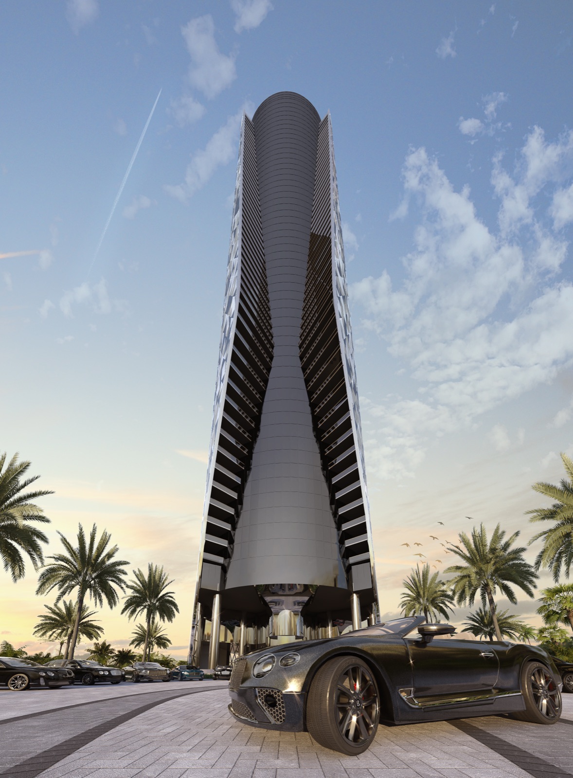 Bentley Residences Miami — front view of the diamond-shaped glass tower rising 749 feet above Sunny Isles Beach.