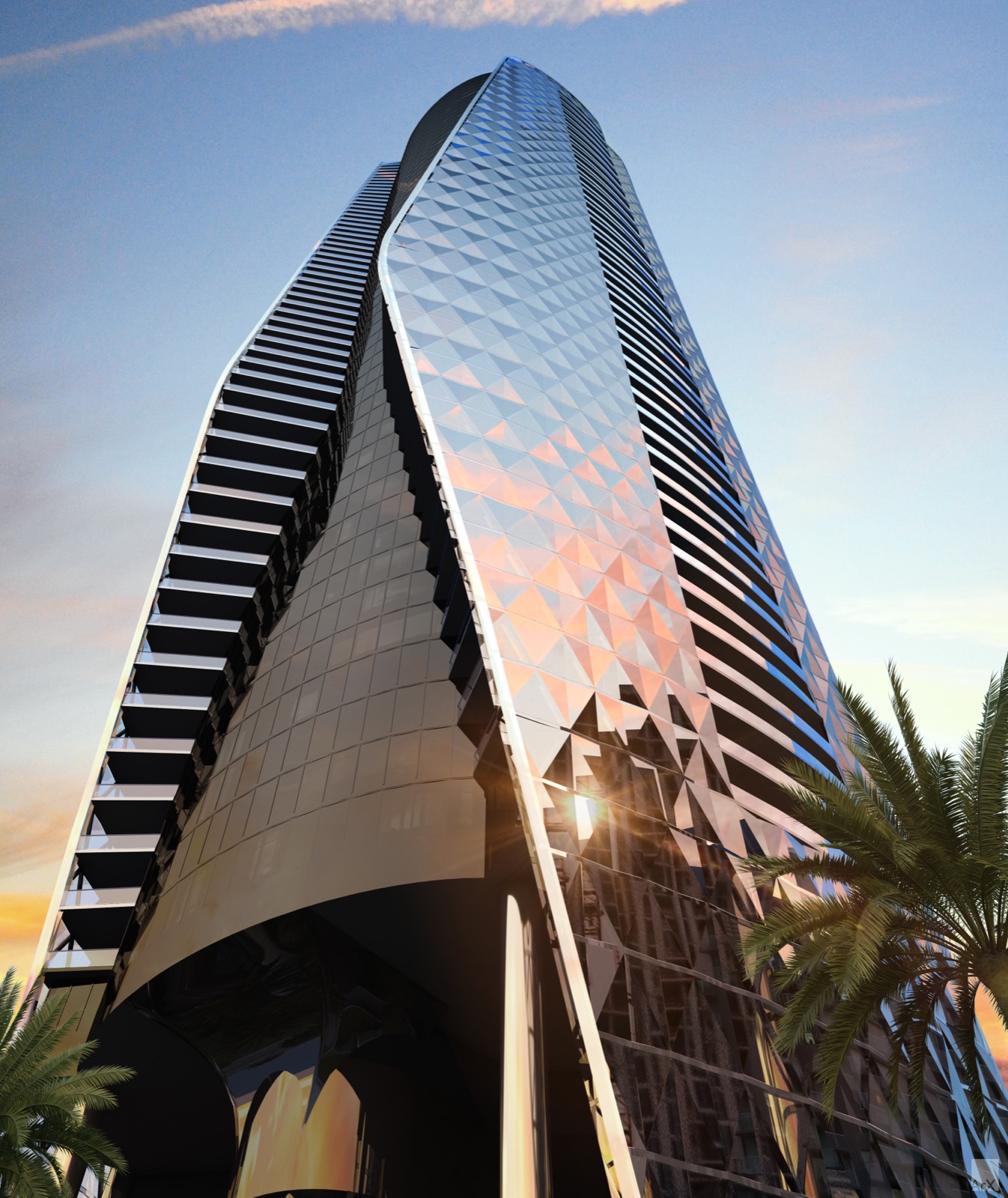 Bentley Residences Miami — looking up the diamond-pattern glass panel façade.